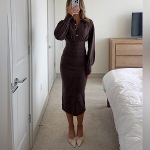 Commense Cinched Waist Knit Shirt Dress – Brown